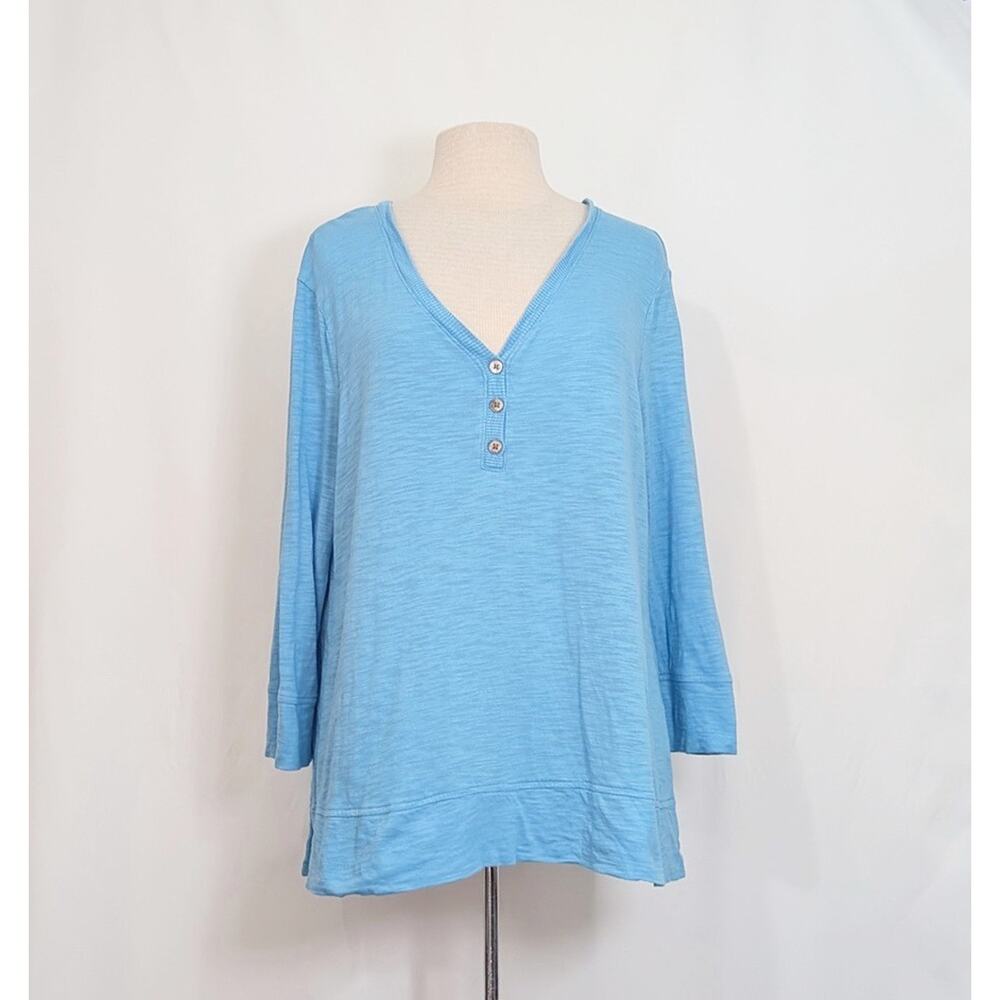 Chico's Top Light Blue Slub Cotton Blend Henley V-Neck Women's Size 2 L
